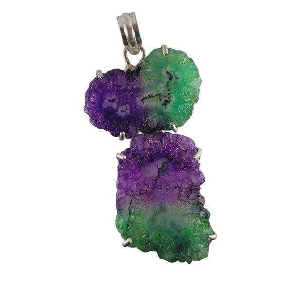 Titanium Druzy Pendant Sterling Silver Green Purple Crystal Slice 3" - Picture 2 of 10